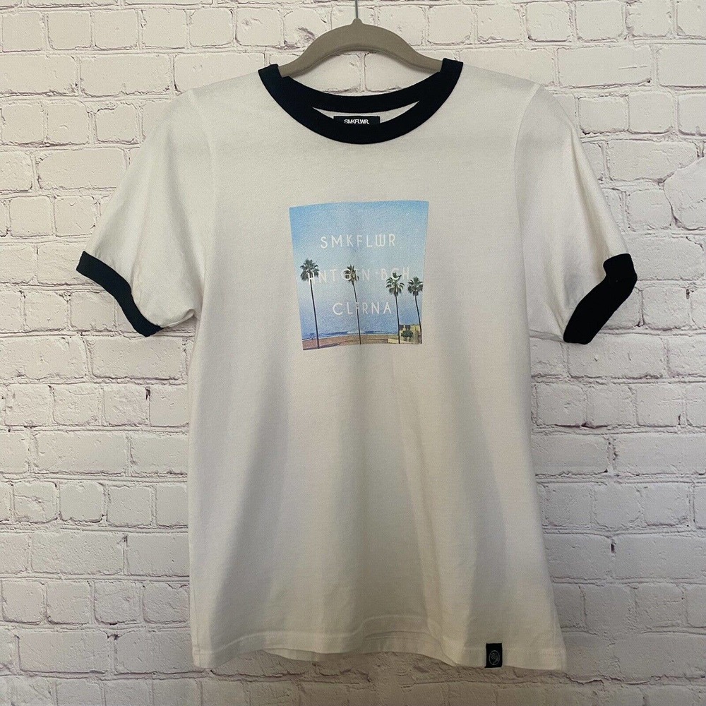 🌵 SMKFKWR. Women's Cotton Huntington Beach Ringer Logo T-Shirt - Size Small